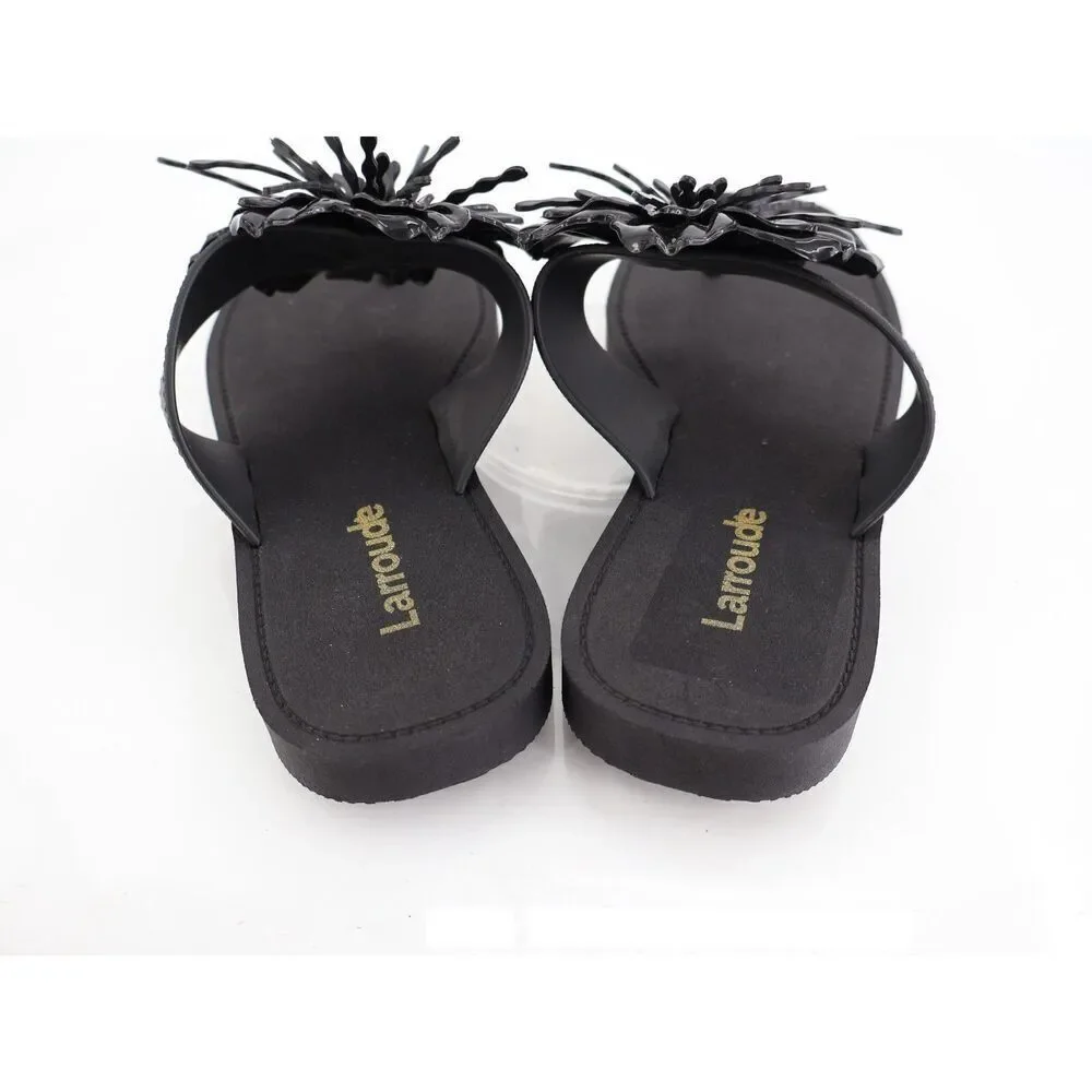 Larroude Hibiscus Sandals Slide Thong Size 6/7 Black Slip On Rubber Beach